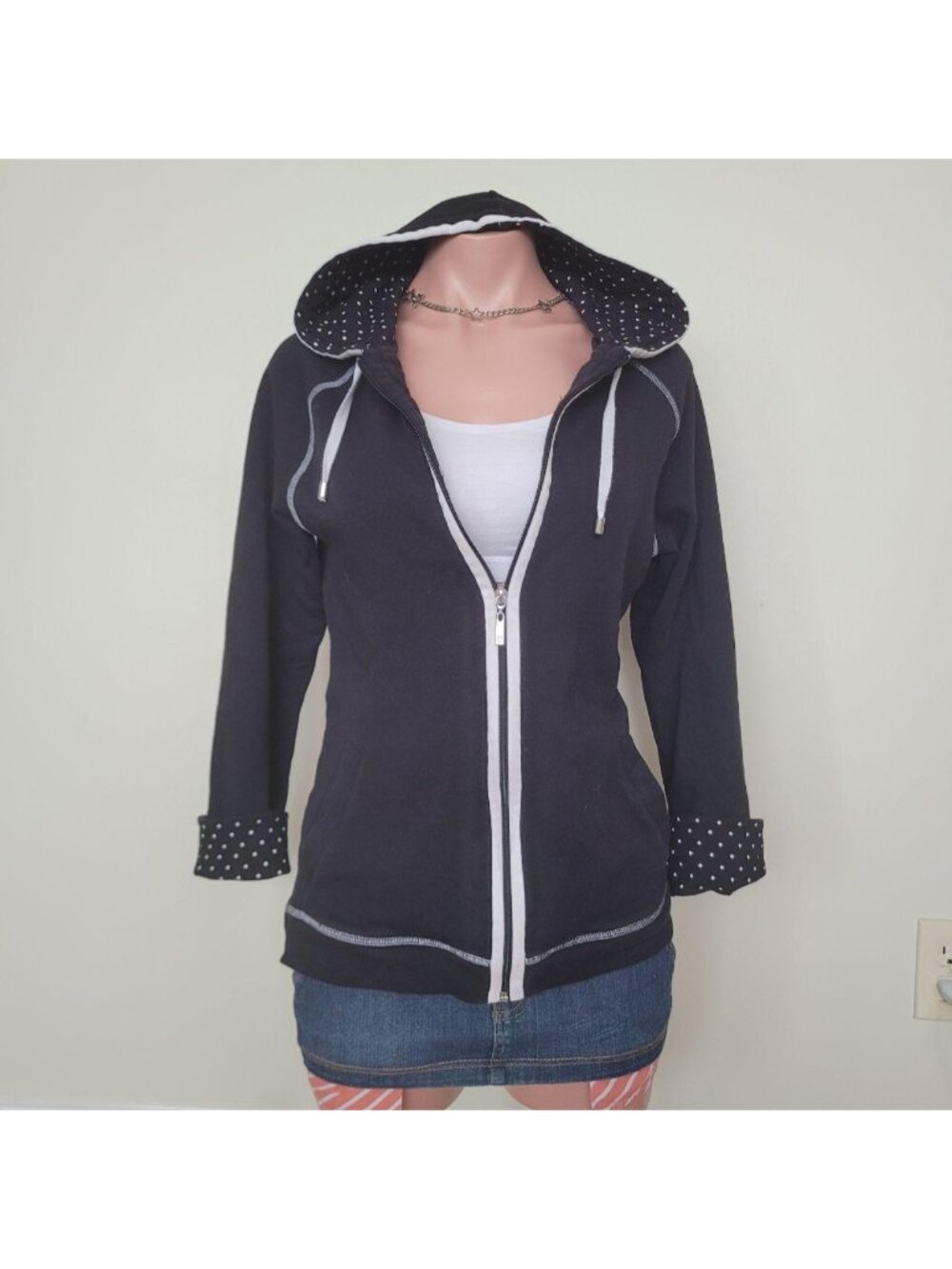 Alia Polka Dot Y2K Handmade Slim Fit Zip Up Hoodie (L)